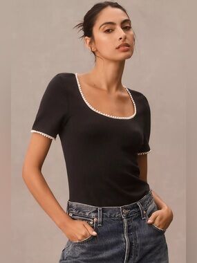 ANTHROPOLOGIE Canapé Pearl-Trim Scoop Neck Tee MP 17” p2p Black $68 Retail NWT